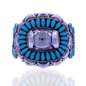 Zuni Sterling Silver Turquoise Rosette Cluster Old Pawn Watch Cuff